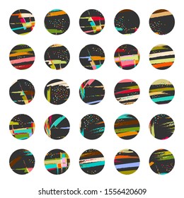 Big set of abstract vector backgrounds. Various shapes, lines, spots, dots, doodle objects for invitations, cards, covers. Round icons for social media stories. Isolated design elements for printing 