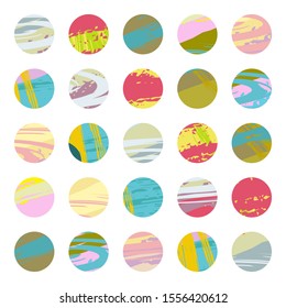 Big set of abstract vector backgrounds. Various shapes, lines, spots, dots, doodle objects for invitations, cards, covers. Round icons for social media stories. Isolated design elements for printing 