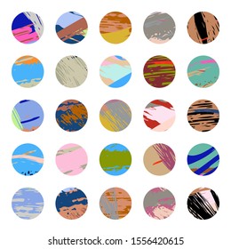 Big set of abstract vector backgrounds. Various shapes, lines, spots, dots, doodle objects for invitations, cards, covers. Round icons for social media stories. Isolated design elements for printing 