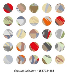 Big set of abstract vector backgrounds. Various shapes, lines, spots, dots, doodle objects for invitations, cards, covers. Round icons for social media stories. Isolated design elements for printing 