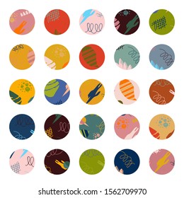 Big set of abstract vector backgrounds. Various shapes, lines, spots, dots, doodle objects for invitations, cards, covers. Round icons for social media stories. Isolated design elements for printing 