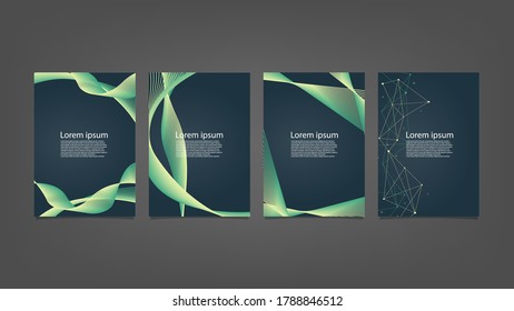 Big set of abstract vector green lines background on vertical black background for brochure poster or flyer
