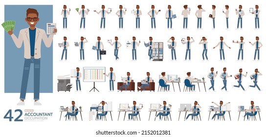 Big Set of Accountant man wear cream color suit character vector design. Presentation in various action. People working in office planning, thinking and economic analysis.