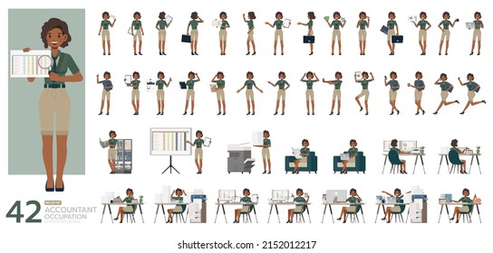 Big Set Of Accountant Woman Wear Green Color Suit Character Vector Design. Presentation In Various Action. People Working In Office Planning, Thinking And Economic Analysis.