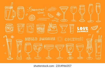 Big set with acoholic and non-acoholic cocktails with ice cubes, mint, fruits and text. Great for banners, bar menu design, packaging. Vector illustration Doodle style. Isolated on orange background