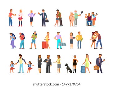 Big set of adult people in various lifestyles. Men and women characters rejoice, talk, sort things out,  using their gadgets. Flat Art Vector illustration