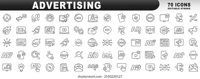 Big set advertisement related line icons. Ads, marketing, promotion, email, click etc. Editable stroke