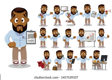 Big set with african american businessman in blue shirt and trousers in different situations. Working day highlights: report on meeting, negotiation on phone, sitting activity, conflict. Cartoon.