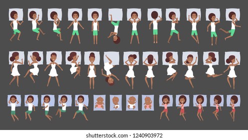 Big set of african american people sleep in different position. Female character in the bed on pillow. Cute baby have a night dream. Resting in bedroom. Isolated flat vector illustration