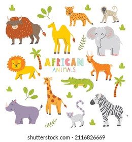 Big set of African animals. Cute characters for kids. Vector childish illustration