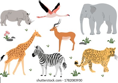 Big set with african animals and Impala, elephant, zebra, rhinoceros, giraffe, flamingo.