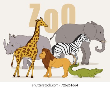 Big set with african animals and lion, elephant, zebra, rhinoceros, giraffe.