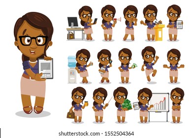 Big set with afro-american young woman in glasses working at office. African elegant business lady keeping lots of money, reporting, speaking, drinking, jumping for joy, is upset. Cartoon vector.