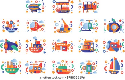 Big Set of Air and Water Transport Vehicles, Airplane, Airship, Helicopters, Ship, Boat, Submarine Flat Vector Illustration