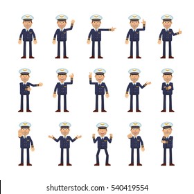 Big set of airline pilot characters showing different hand gestures. Cheerful pilot showing victory sign, stop, greeting, pointing, thumb up and other hand gestures. Flat style vector illustration