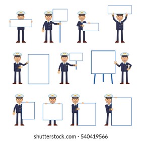 Big set of airline pilot characters posing with different blank banners. Cheerful pilot holding paper, poster, placard, pointing to whiteboard. Teach, advertise, promote. Flat vector illustration