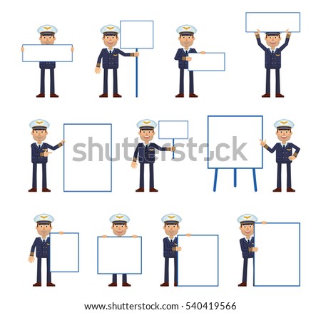Big set of airline pilot characters posing with different blank banners. Cheerful pilot holding paper, poster, placard, pointing to whiteboard. Teach, advertise, promote. Flat vector illustration