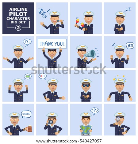 Big set of airline pilot characters showing different actions, emotions, gestures. Cheerful pilot karaoke singing, dancing, holding banner, map and doing other actions. Flat vector illustration