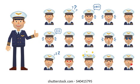 Big set of airline pilot emoticons. Airline pilot avatars showing different facial expressions. Happy, sad, laugh, cry, surprised, in love, dizzy, thinking and other emotions. Flat vector illustration