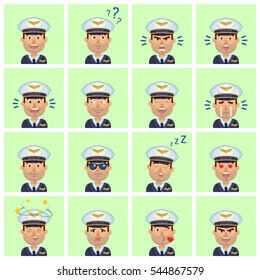 Big set of airline pilot emoticons. Pilot avatars showing different facial expressions. Happy, sad, smile, laugh, surprised, serious, dizzy, sleepy and other emotions. Simple style vector illustration