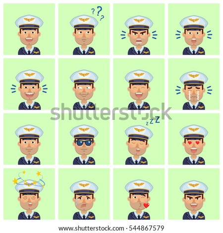 Big set of airline pilot emoticons. Pilot avatars showing different facial expressions. Happy, sad, smile, laugh, surprised, serious, dizzy, sleepy and other emotions. Simple style vector illustration