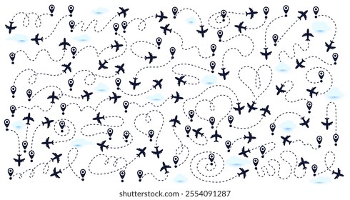 Big set airplane routes in dotted line. Departure point, landing point. Vector aircraft tracking, planes, travel, map pins, location pins. Editable paths, plane lines vector illustration