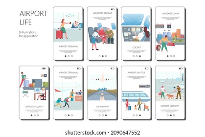 Big set of airport life applications. Working airport services, security and passengers. Flat Art Vector illustration.