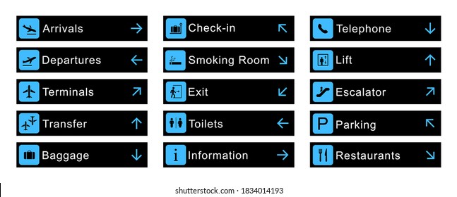 Big set of airport signs. Airport direction banners. Airport boards.