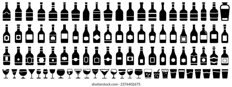 Big set of alcohol bottles and glasses, wine and beer bottle, silhouette vector illustration isolated, editable