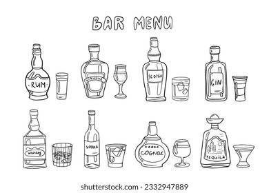 Big set of alcoholic bottles and glasses in doodle style. Rum, vodka, gin, liqueur, whiskey, scotch, cognac, tequila.  Great for bar menu, banner. Vector EPS10. Hand drawn.Isolated on black background