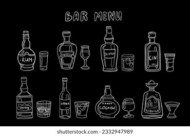 Big set of alcoholic bottles and glasses in doodle style. Rum, vodka, gin, liqueur, whiskey, scotch, cognac, tequila.  Great for bar menu, banner. Vector EPS10. Hand drawn.Isolated on black background