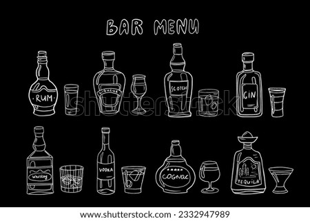 Big set of alcoholic bottles and glasses in doodle style. Rum, vodka, gin, liqueur, whiskey, scotch, cognac, tequila.  Great for bar menu, banner. Vector EPS10. Hand drawn.Isolated on black background