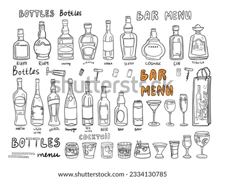Big set of alcoholic bottles and glasses in doodle style. Alcohol cocktail drinks. Great for bar menu, banner, print. Vector illustration EPS10