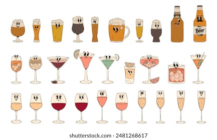 Un gran conjunto de bebidas alcohólicas en el estilo de los personajes groovy. Cócteles de verano, vino, champán, cerveza con caras de sonrisa linda. Ilustración vectorial retro 70, 80