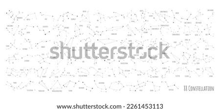 Big set of all 88 famous constellations, modern astronomical signs of the zodiac. Sky Map with the name of the stars and constellations scheme collection. Isolated on white background