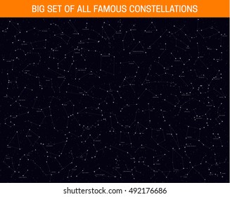 Big set of all famous constellations, modern astronomical signs of the zodiac. Sky Map with the name of the stars and constellations.