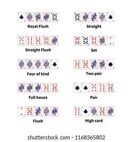 Big set of all kinds of poker cards combination isolated on white