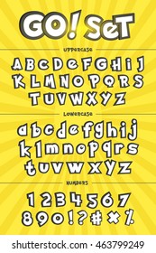 Gran conjunto de alfabetos, números en estilo de caricatura pokémon. Plantilla de elemento tipográfico para banners y activos de juego. 
