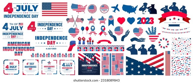 A big set of America and 4th of July and Independence Day elements. USA flag, social media post banner bundle, typography, pattern background, balloons, and many more illustrations in one big bundle.