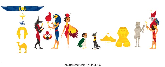 Big set of ancient Egypt idols, symbols, landmarks and characters, flat cartoon vector illustration isolated on white background. Set of flat Egyptian symbols, concepts, idols and characters