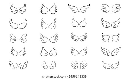 Big set of Angel wings doodle hand drawn icons. Bird symbols. Wing sketch tattoo, feather falcon contour. Vector outline illustration isolated on white background