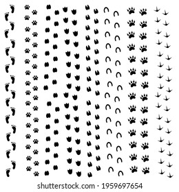 Big set of Animal and bird tracks, human footprint. Trace steps imprints isolated on white. Animal trails, paw silhouette print. Vector flat illustration for children