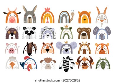 Big set of animal face. These illustrations are suitable for, print, sublimation, T- shirt,  postcard,  printable, stationery and so much more. Vector hand drawn illustration. 