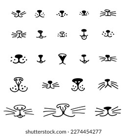 Big set of animal noses. Cute and funny sketched face of cat, dog, rabbit. Hand drawn vector for pet shop logo, animal care and posters.