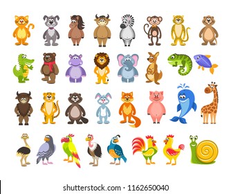 Big set of animals and birds. Lion, kangaroo, iguana, fish, hare, pig, giraffe, ostrich, snail. Cartoon characters on white background. Isolated objects. Colorful flat vector illustration for kids.