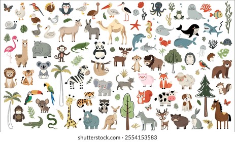 Big set of animals. Cartoon animal characters and woodland elements, tropical leaves. Water inhabitants, african, domestic animals. Safari. Birds