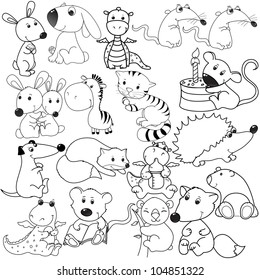 big set of animals contours, coloring book