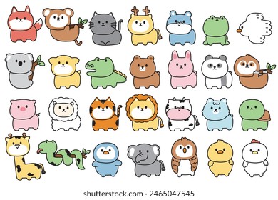 Big set of animals hand draw cartoon stand on white background.Wild,farm,pet,rodent,reptile,bird animal collection.Cute character smile face design.Kid graphic.Kawaii.Vector.Illustration.