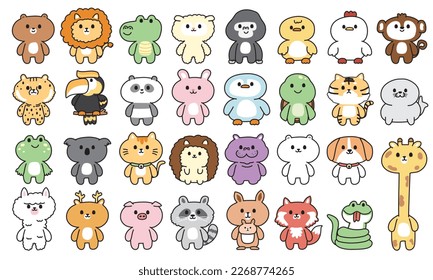 Big set of animals hand drawn cartoon on white background.Wild,farm,pet,bird animal collection.Cute character design.Isolated.Kawaii.Vector.Illustration.