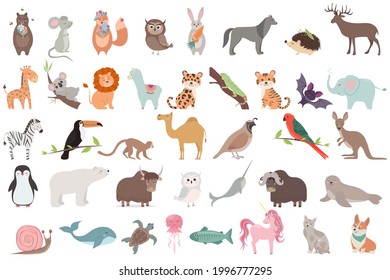 Big set of animals isolated on white background. Vector collection of funny cute animals in flat cartoon style.